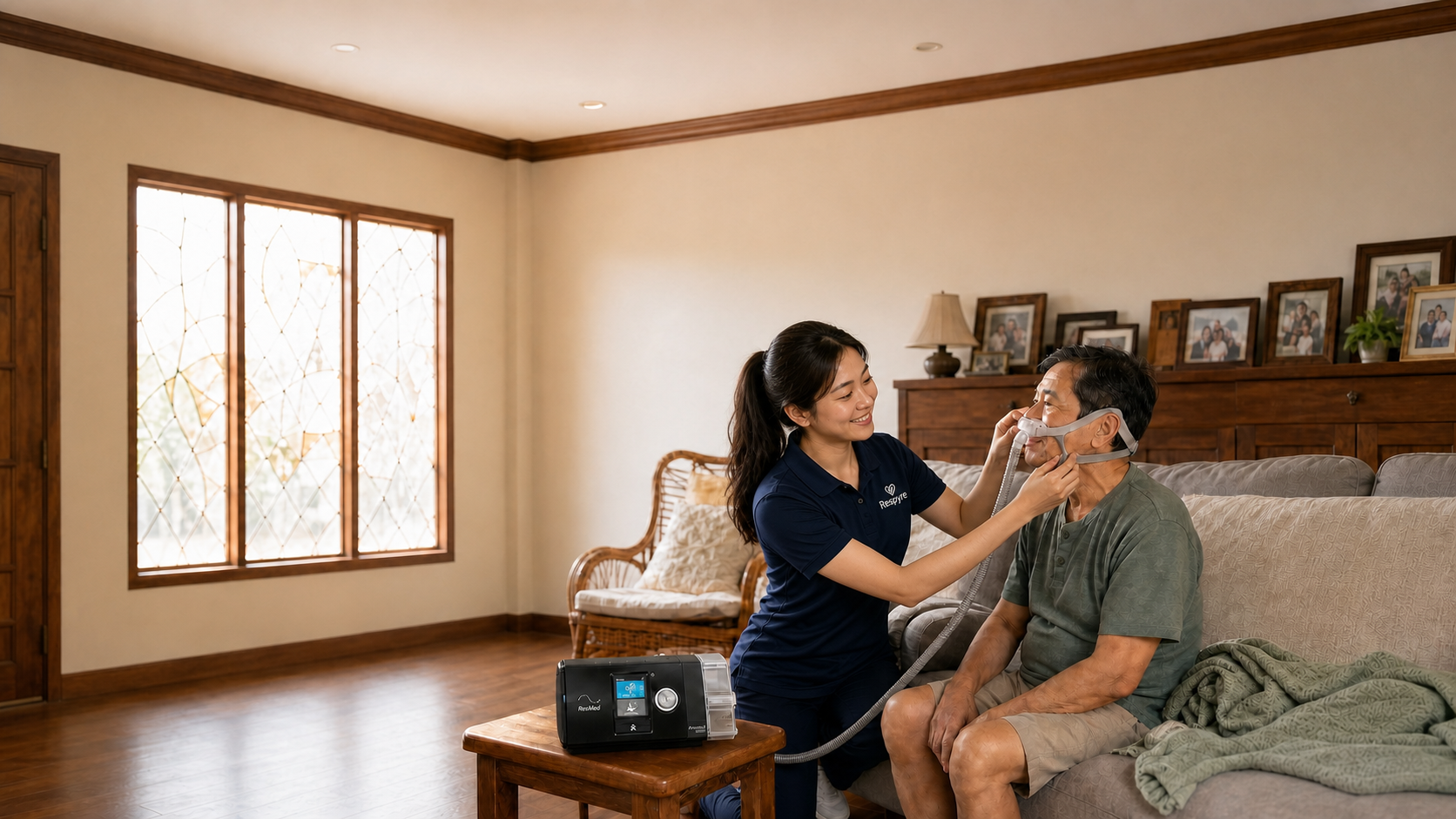 Respiratory therapist fitting a nasal mask for a man at home with a ResMed AirSense 10 on the side table