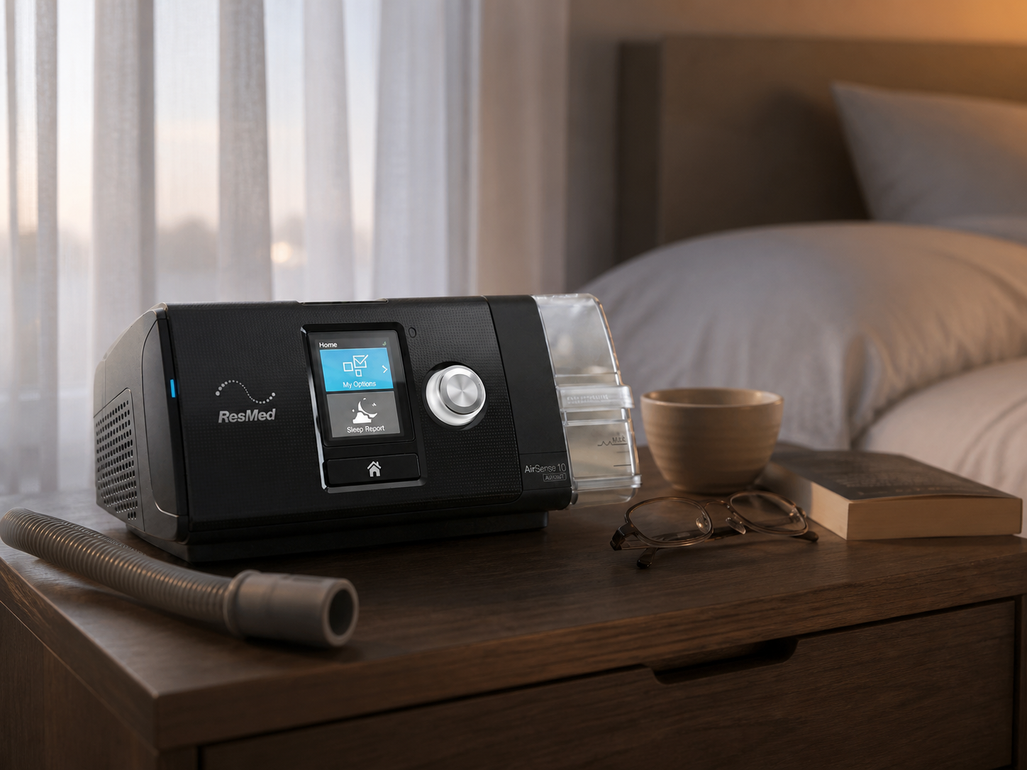 ResMed AirSense 10 AutoSet on a bedroom nightstand