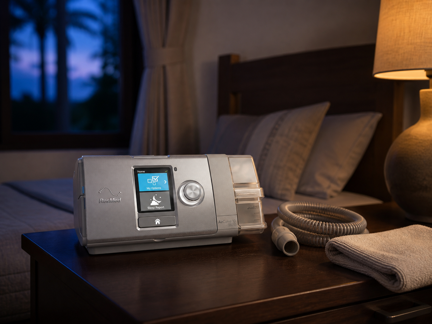 ResMed AirCurve 10 on a mahogany nightstand