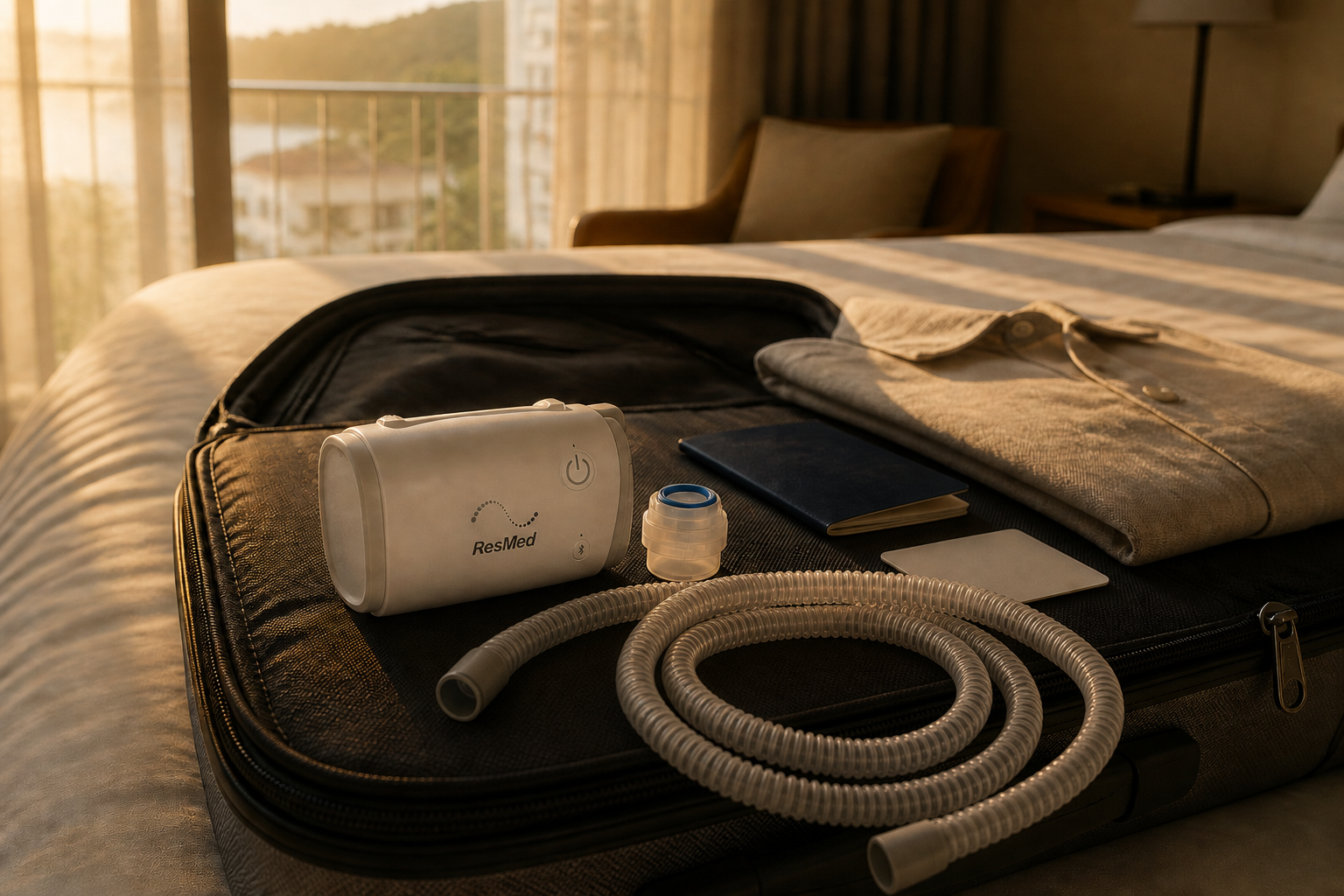 ResMed AirMini on an open travel suitcase next to a passport