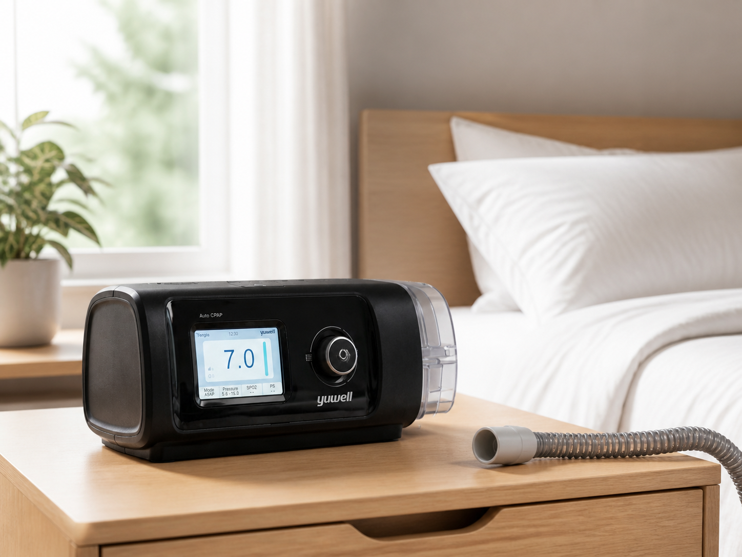 Yuwell YH-480 on a light wood bedside table