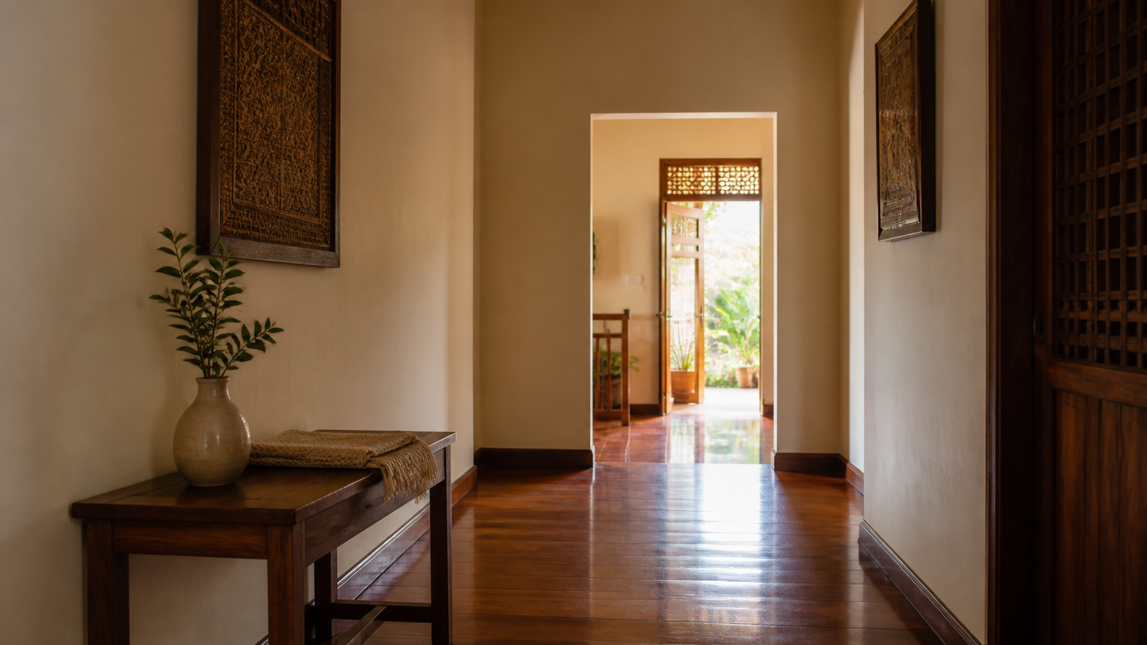 Warm home hallway leading toward an open doorway
