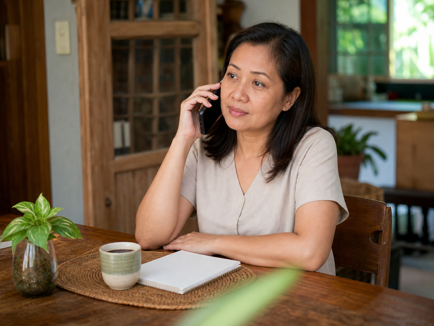 Woman making a phone enquiry at home