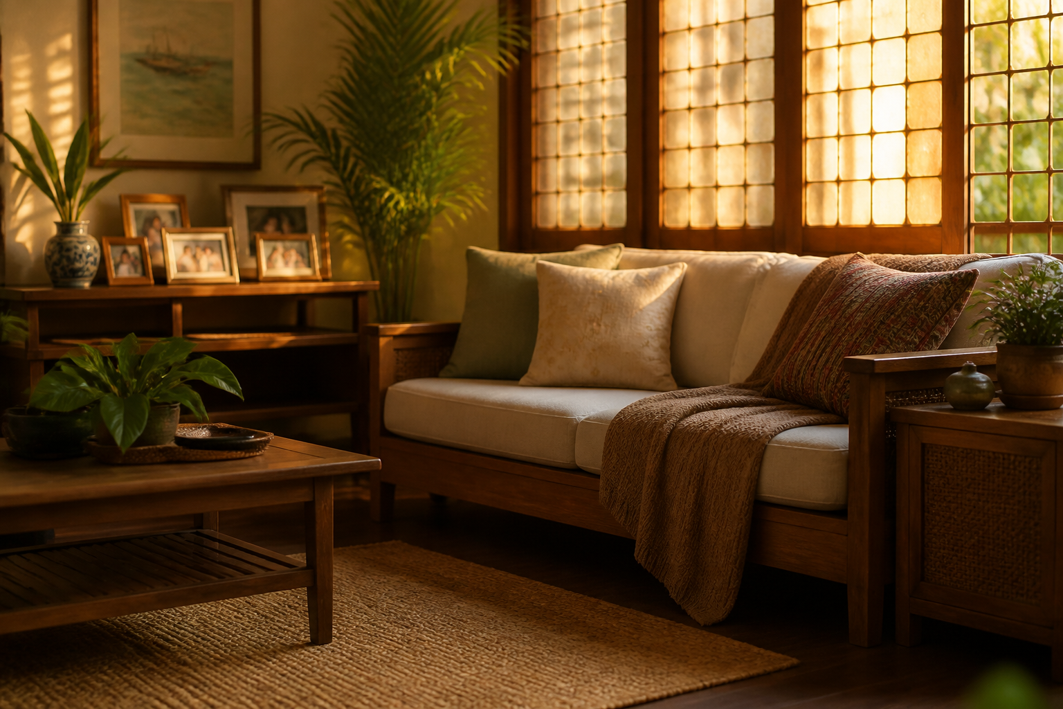 Warm Filipino living room at golden hour