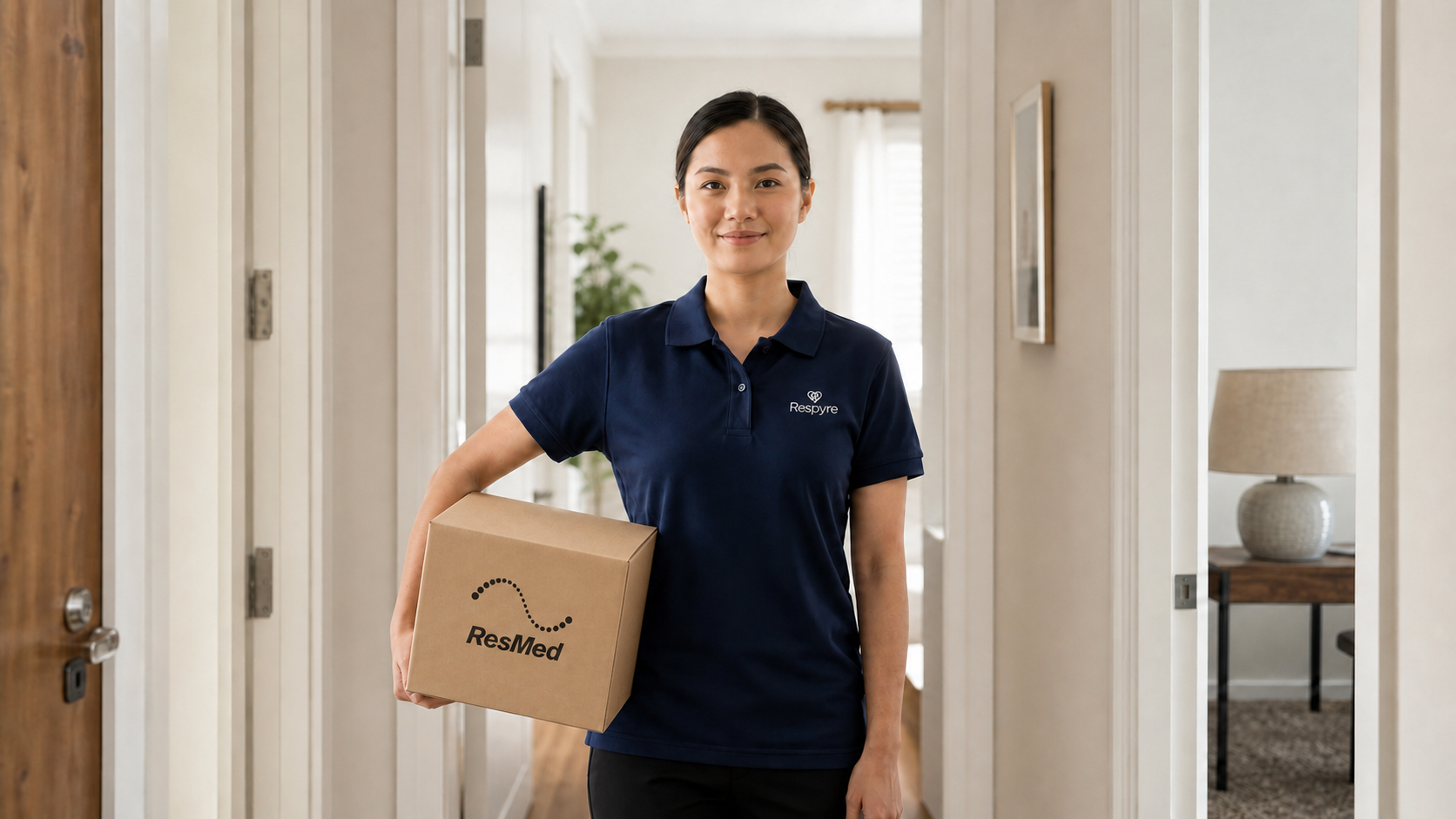 Respiratory therapist arriving with the ResMed retail packaging box