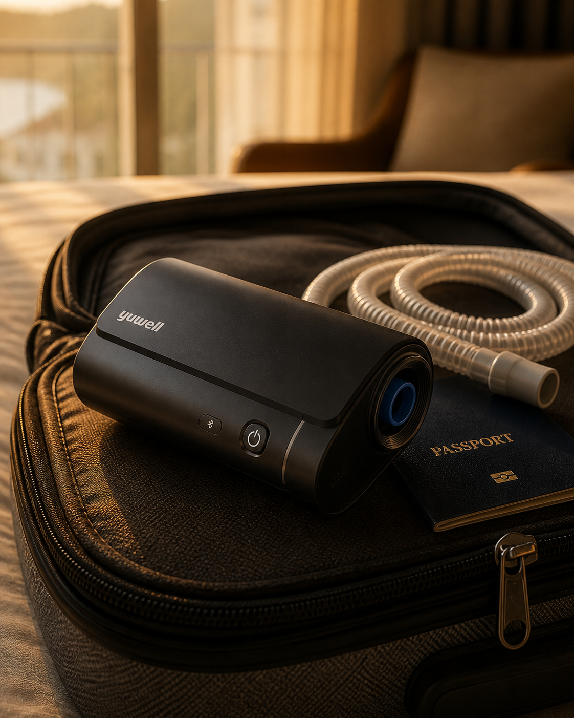 Black Yuwell Pocket S travel Auto CPAP on an open suitcase next to a passport and coiled tubing