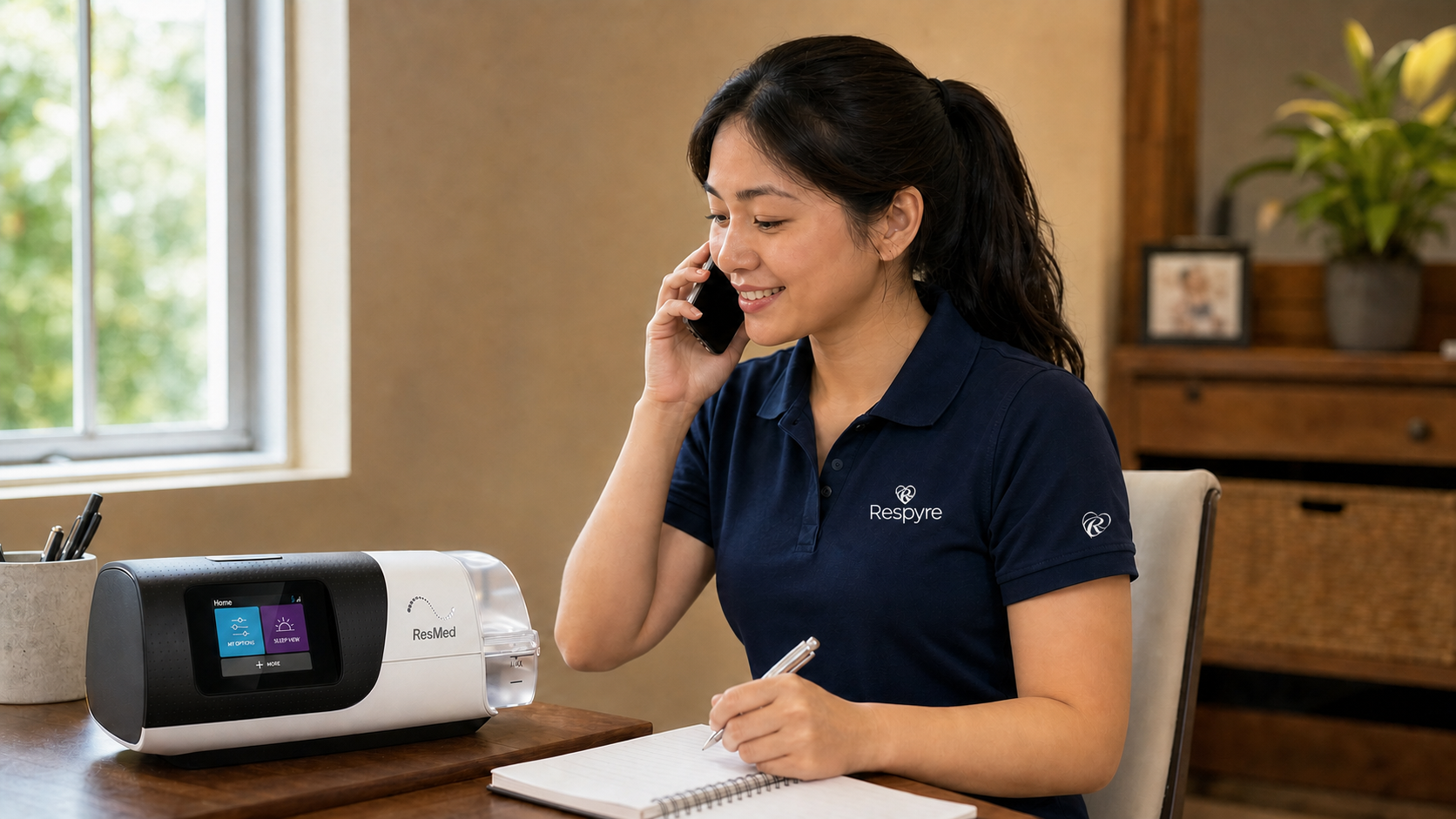 Licensed respiratory therapist consulting with a client at home about ventilator and high-flow oxygen requirements