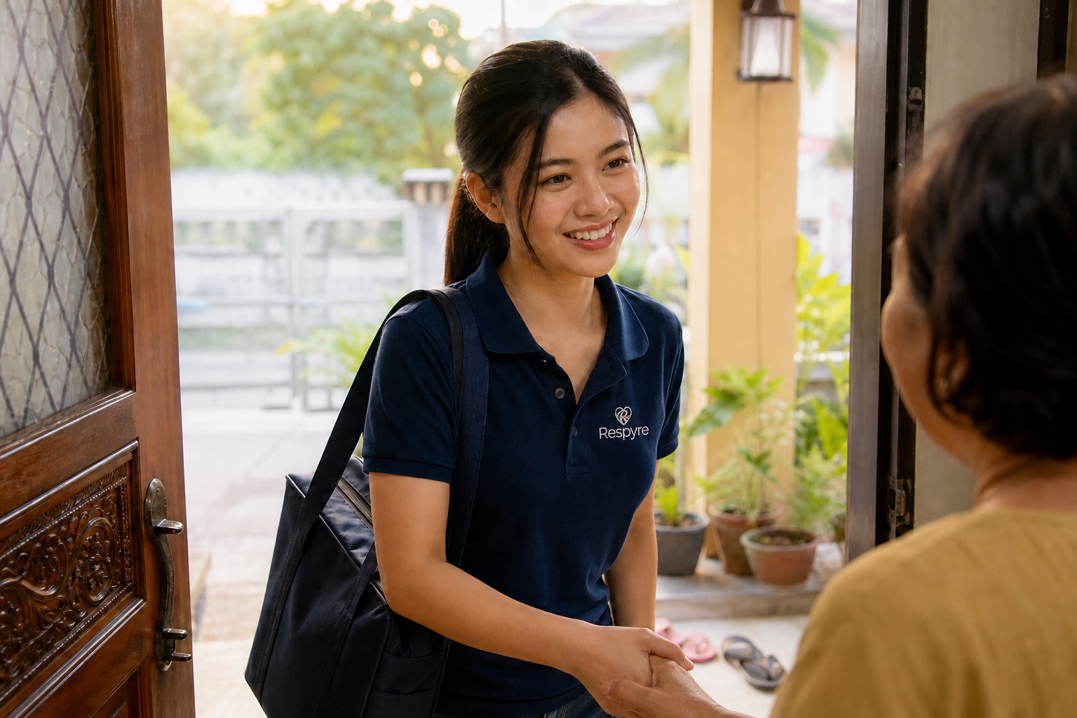 Respiratory therapist arriving at a home doorway with a home-care kit
