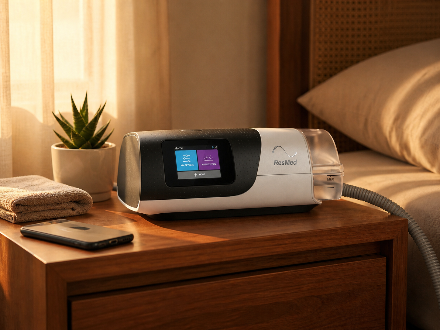 ResMed AirSense 11 AutoSet on a bedroom nightstand