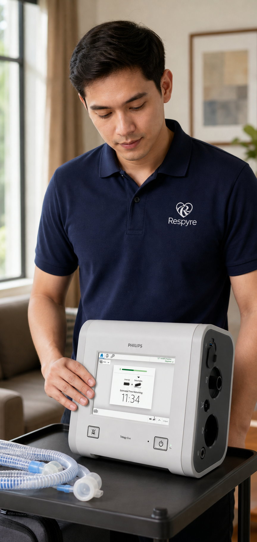 Respiratory therapist checking a ventilator in a home living room