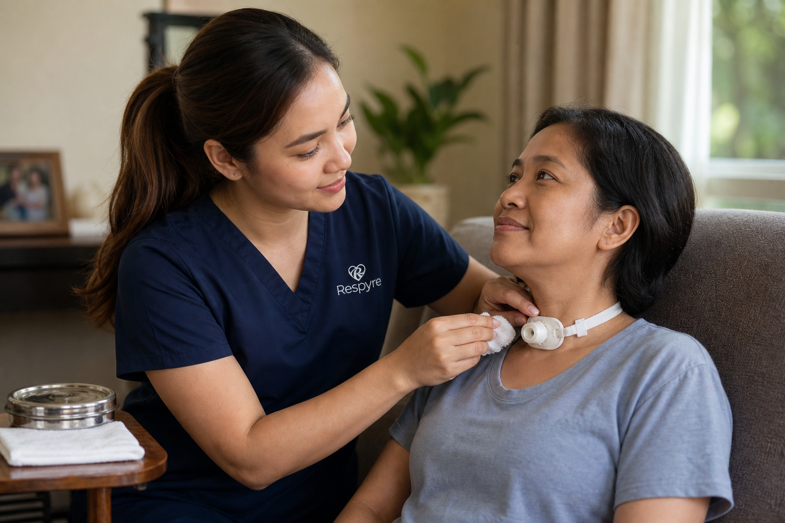 Respiratory therapist providing tracheostomy site care at home