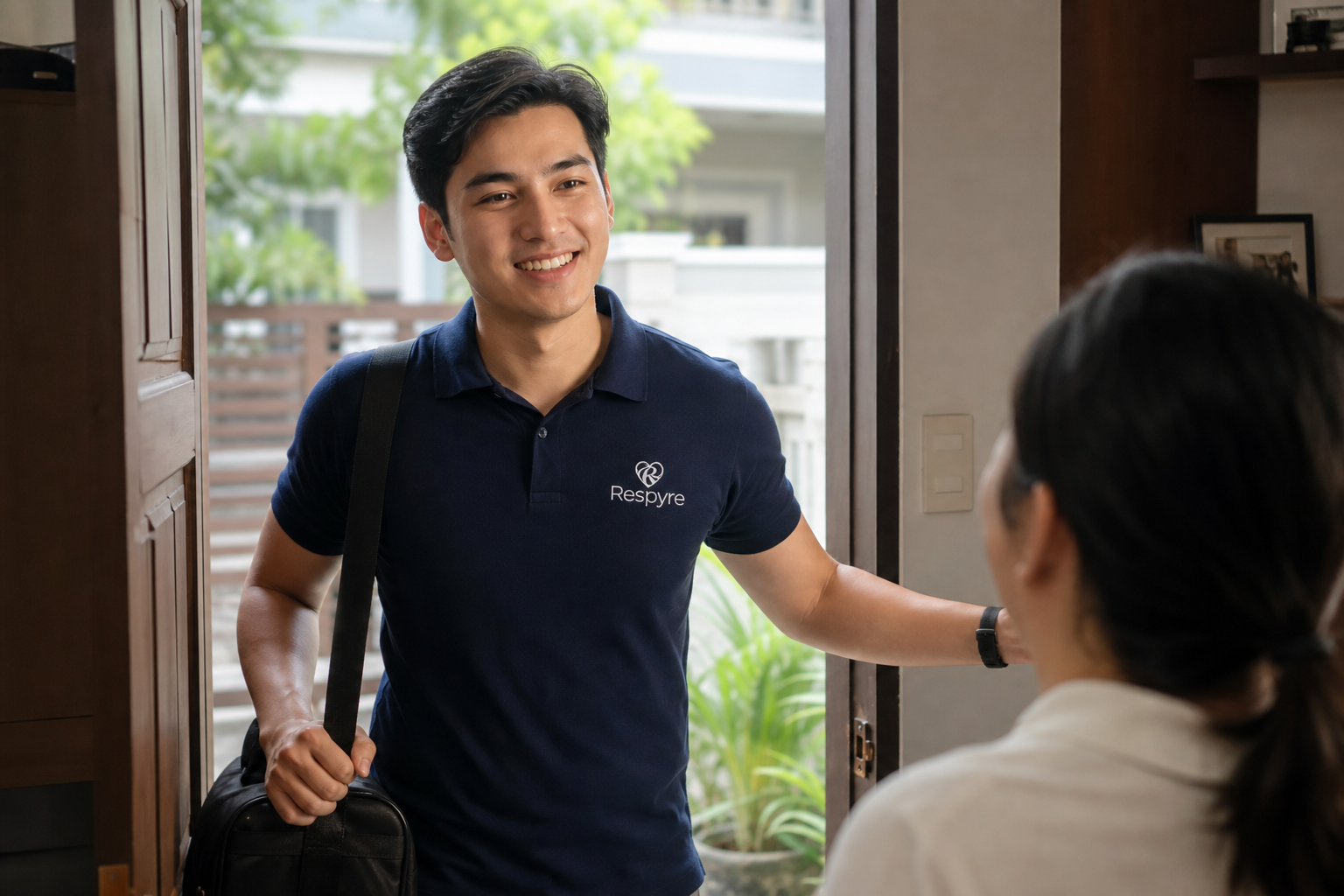 Respiratory therapist arriving for a scheduled home support visit