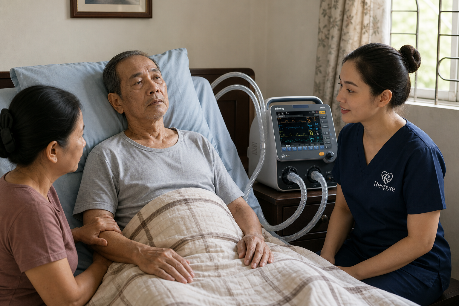 Respiratory therapist providing comfort-focused respiratory support at a patient's bedside