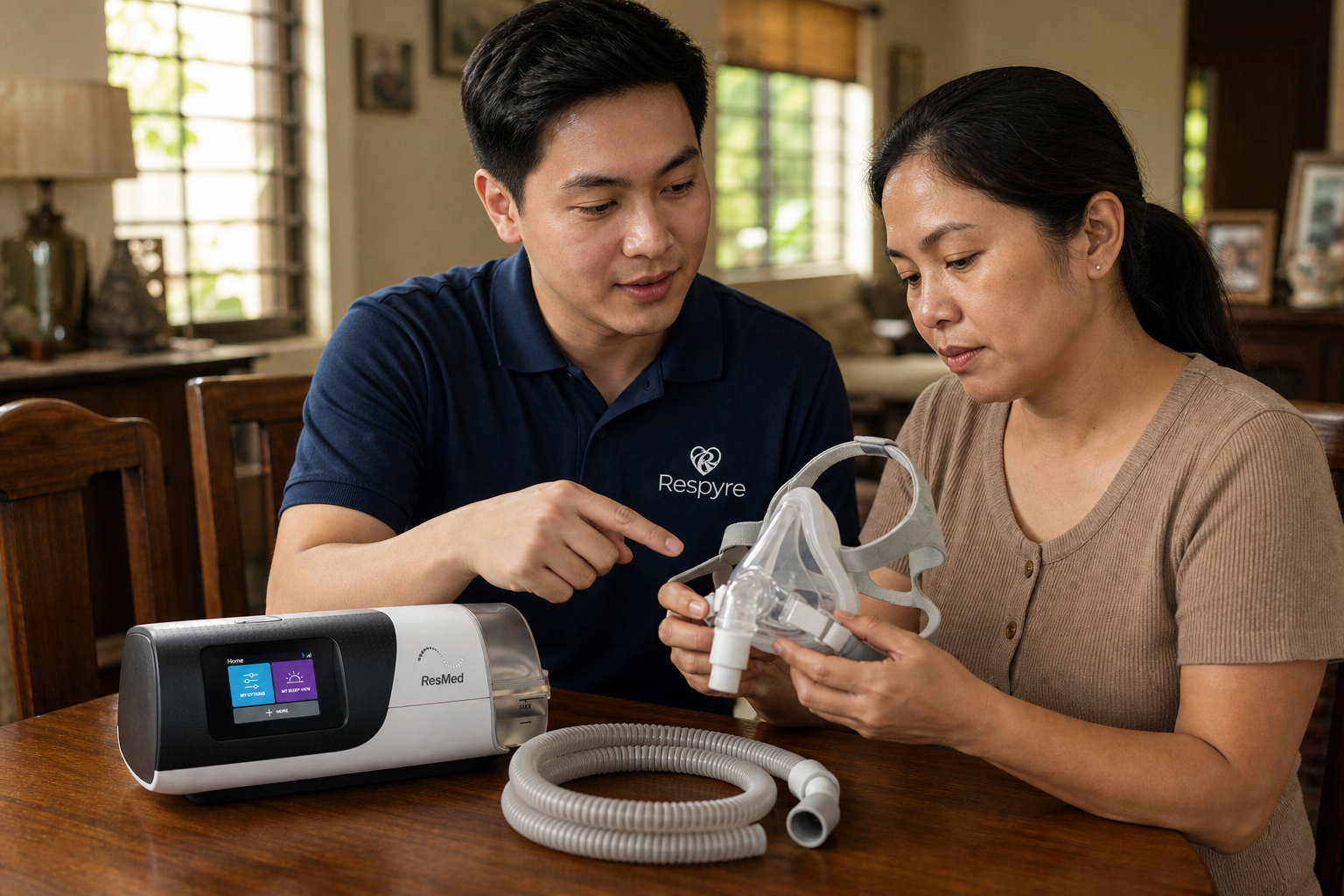 Respiratory therapist teaching a caregiver about CPAP equipment at home